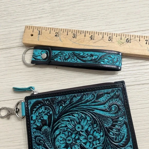 Unique Leather Card Wristlet Turquoise & Black Tooled Leather - Picture 8 of 8